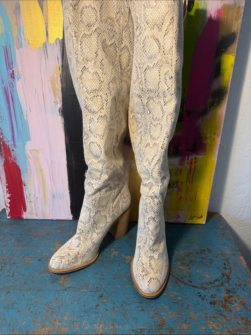 Mi.iM Cream Snake-Print Over-the-Knee Boots